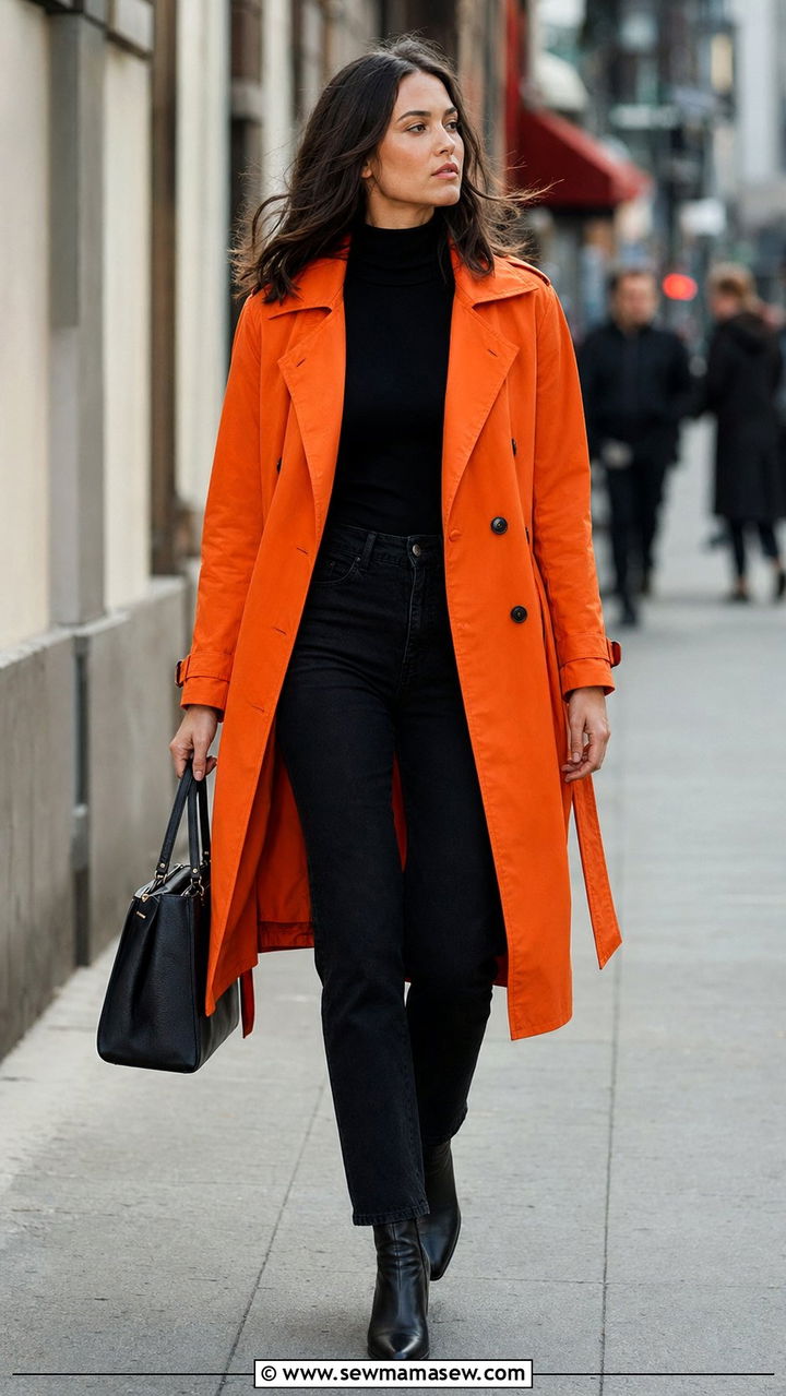 Orange Trench Coat Over All Black Base - 35 Orange outfit ideas