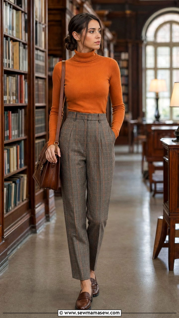 Orange Turtleneck and Plaid Trousers - 35 Orange outfit ideas