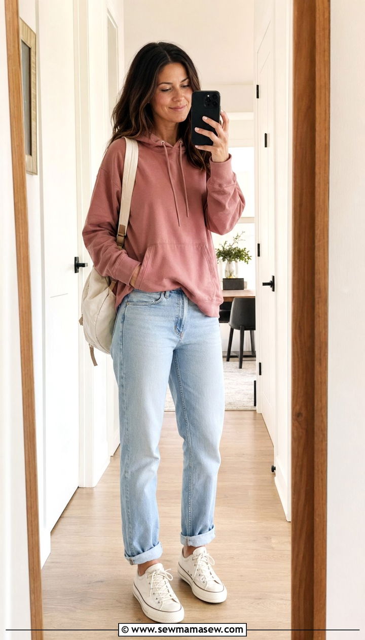 Organic Cotton Hoodie With RolledCuff Jeans - 35 School drop off outfit ideas