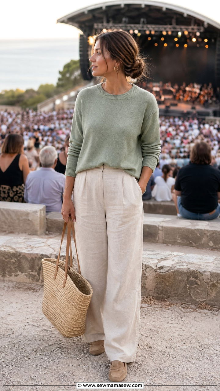 Organic cotton crewneck sweater and linen trousers coastal grandmother outfit - 35 coastal grandmother outfits ideas