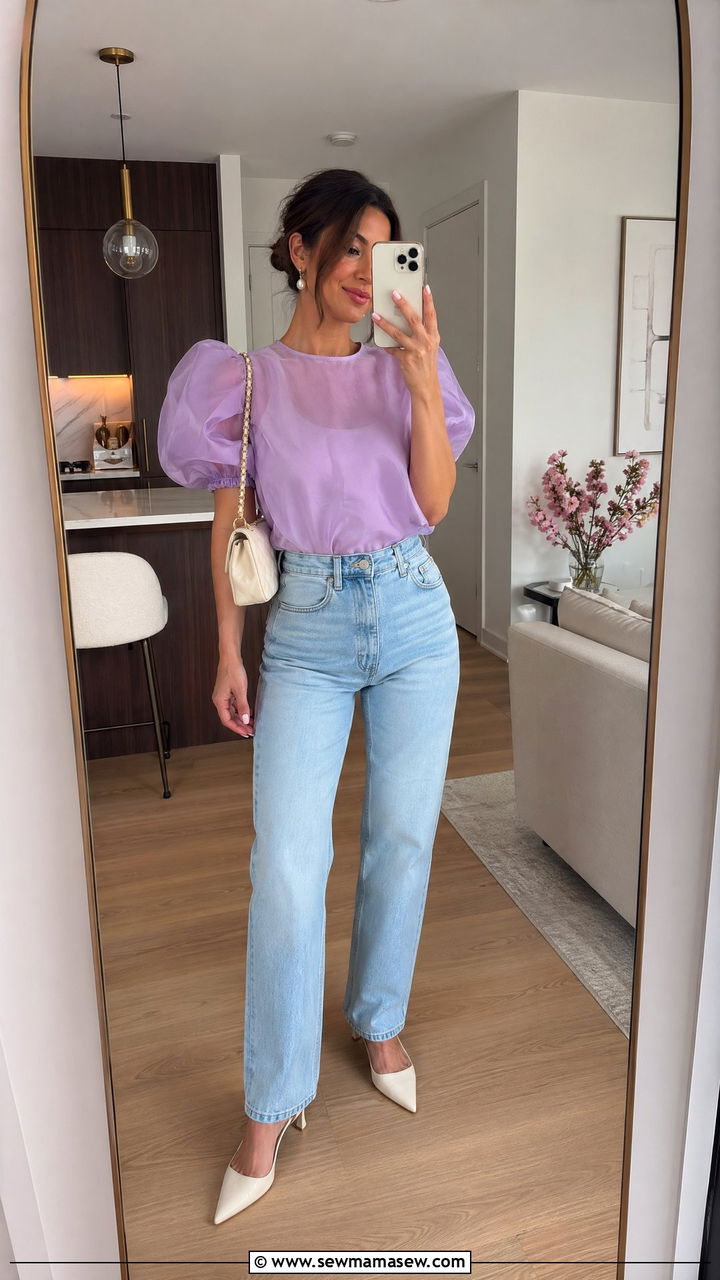 Organza puff sleeve top with straight leg jeans - 35 spring romantic outfit ideas