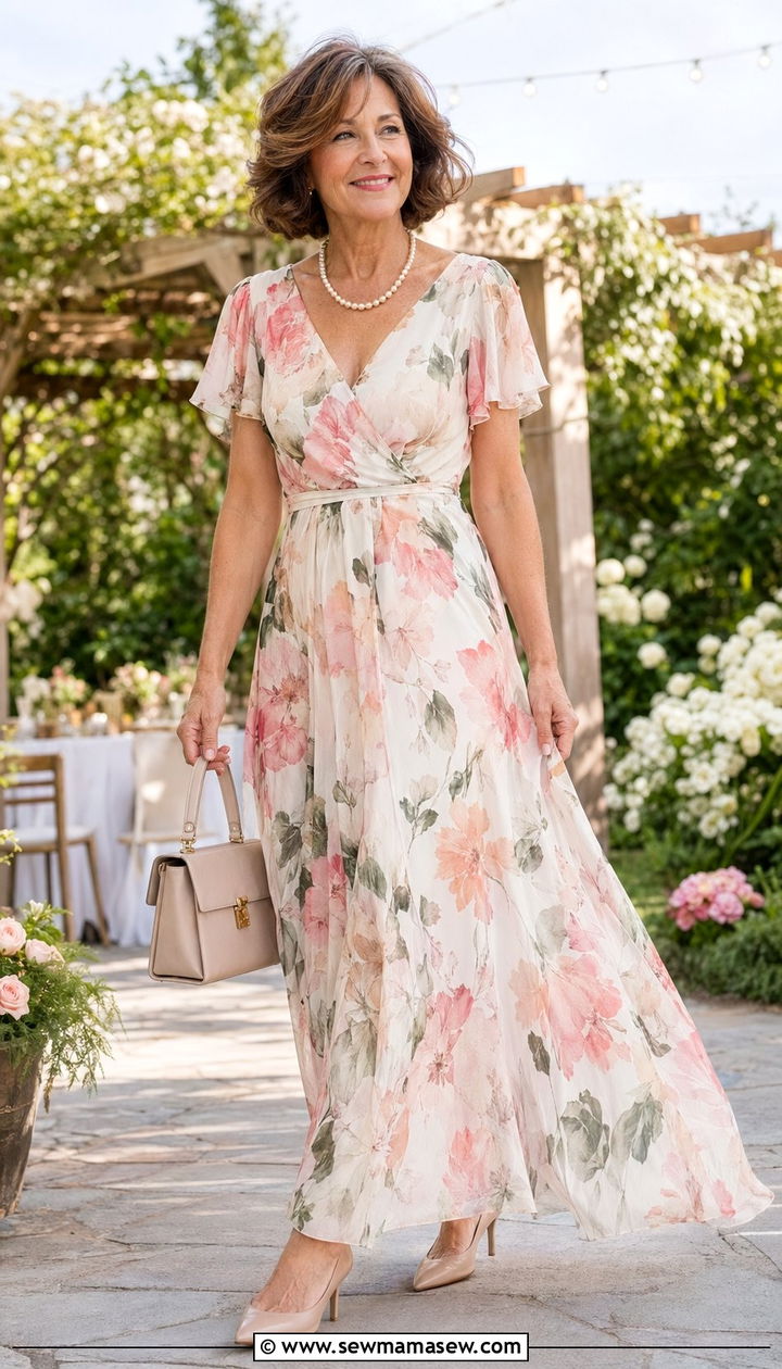 Over 50 Floral Maxi Dress With Kitten Heels - 30 Backyard wedding guest outfit ideas