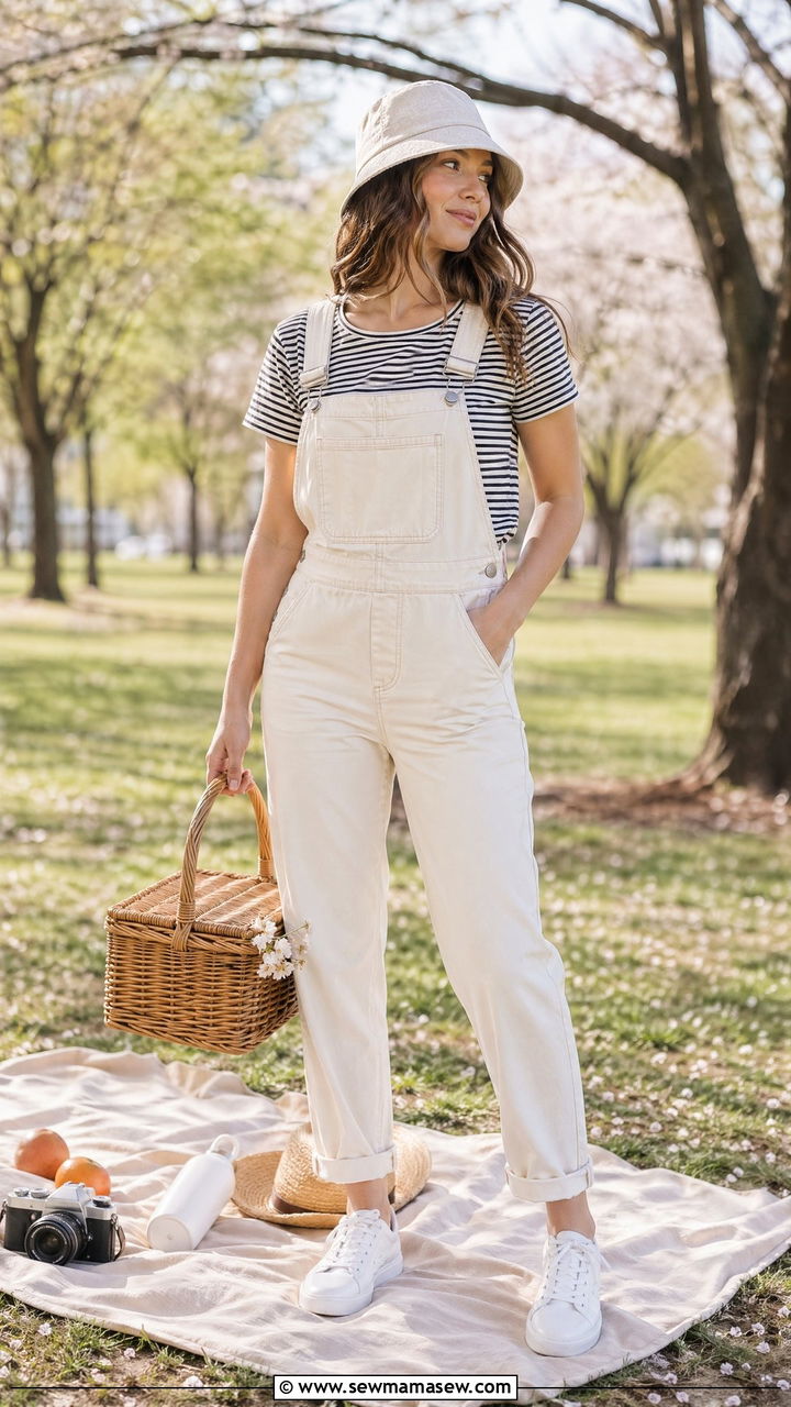 Overalls with Striped Tee - 35 Spring picnic outfit ideas