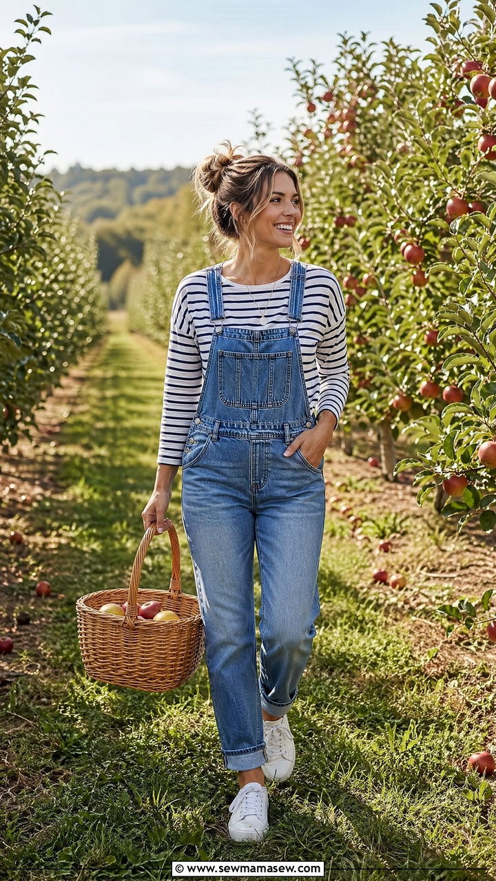 Overalls with a Striped Long Sleeve Tee - 35 Spring outfit ideas for mom
