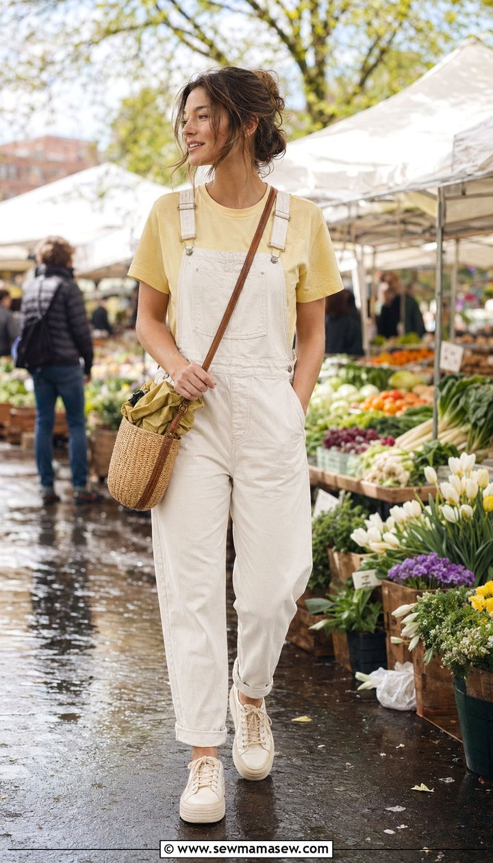 Overalls with a short sleeve tee and a packable parka - 30 April showers outfit ideas