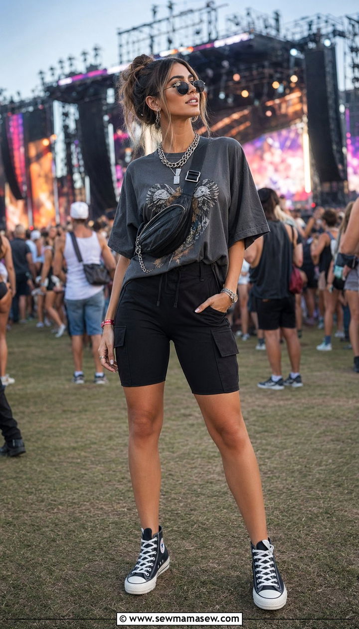Oversized Baggy Tee With Cargo Bike Shorts Outfit - 35 music festival outfit ideas for women