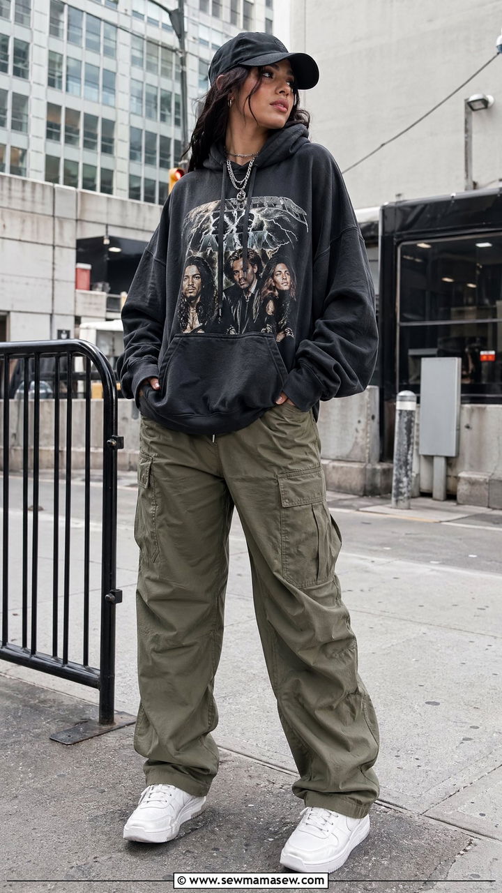Oversized Band Hoodie With Cargo Pants and Sneakers - 35 concert outfit ideas for women