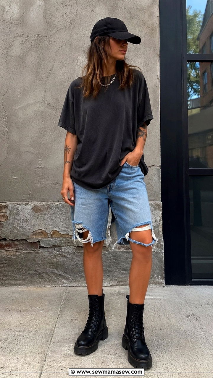 Oversized Band Tee And Ripped Bermuda Shorts - 30 spring grunge outfit ideas