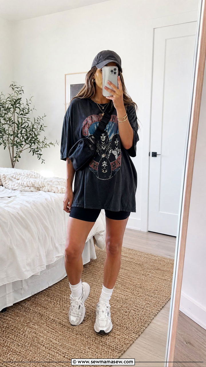 Oversized Band Tee With Biker Shorts And Chunky Sneakers - 35 casual music festival outfits