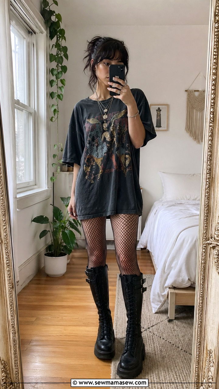 Oversized Band Tee Worn As Dress With Fishnets - 30 spring grunge outfit ideas