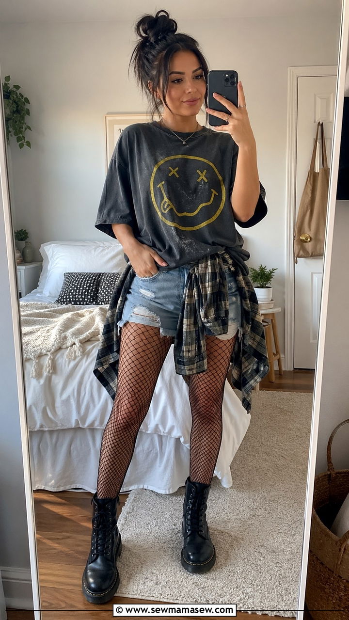 Oversized Band Tee and Distressed Shorts Spring Outfit - 30 spring grunge outfits