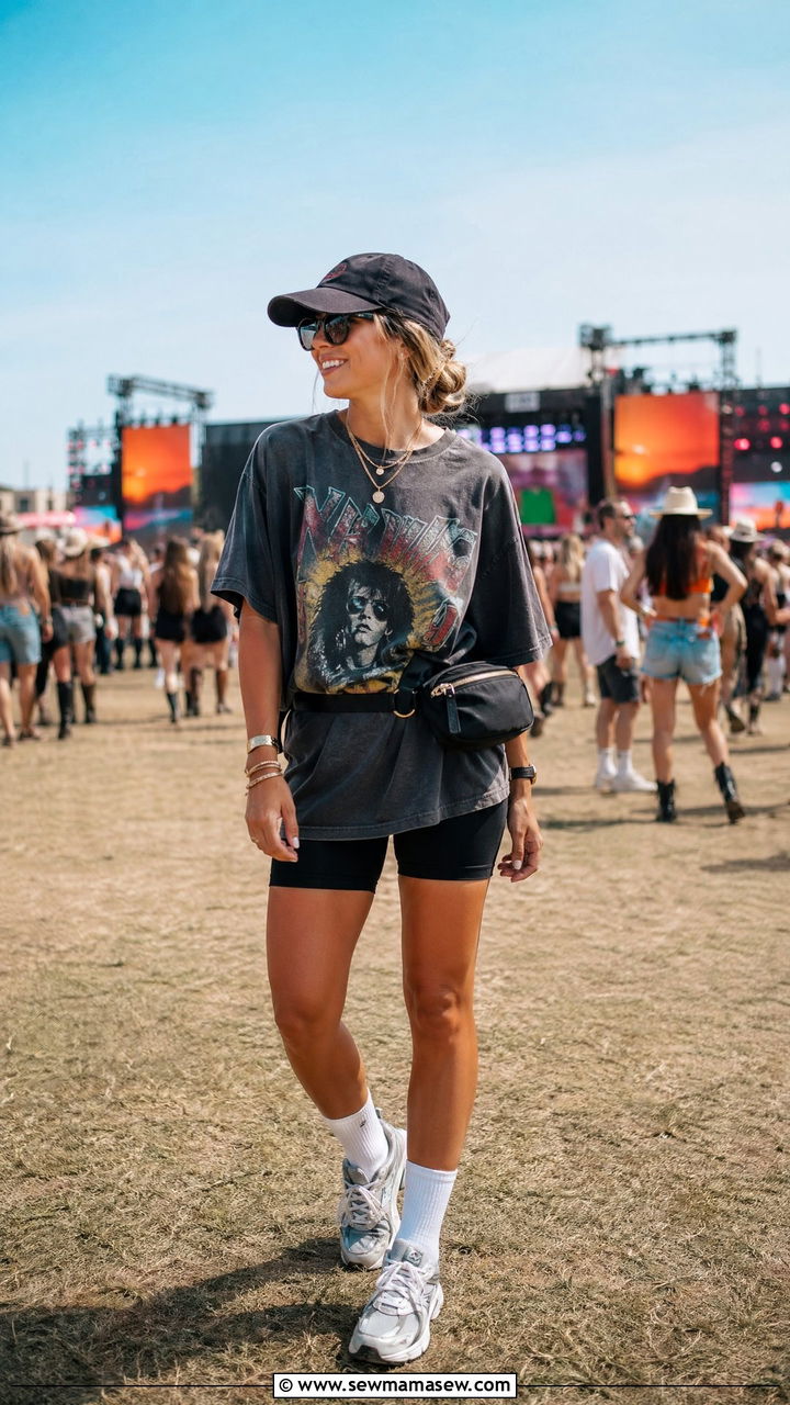 Oversized Band Tee with Biker Shorts - 35 Summer music festival outfits
