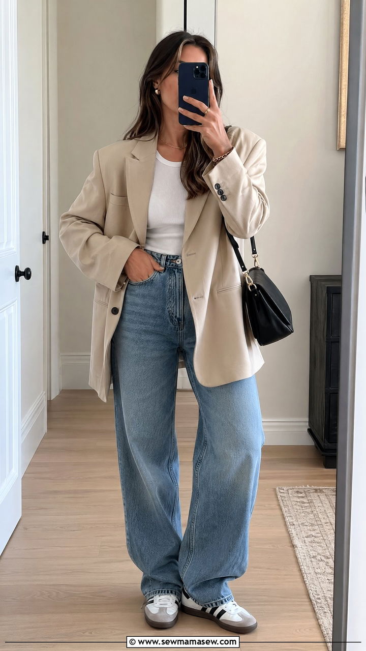 Oversized Beige Blazer with Baggy Denim and Sneakers - 35 spring casual chic outfit ideas