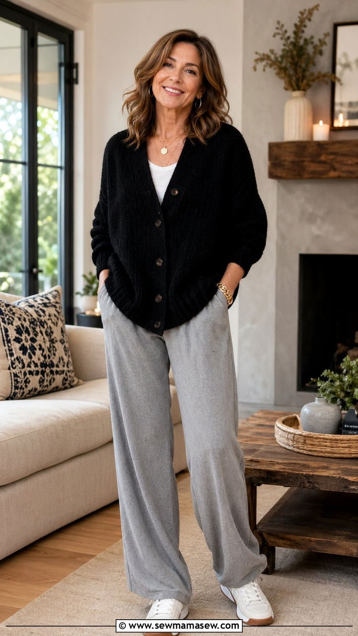 Oversized Black Cardigan With Gray Lounge Trousers Outfit - 35 Modest outfits for women over 40