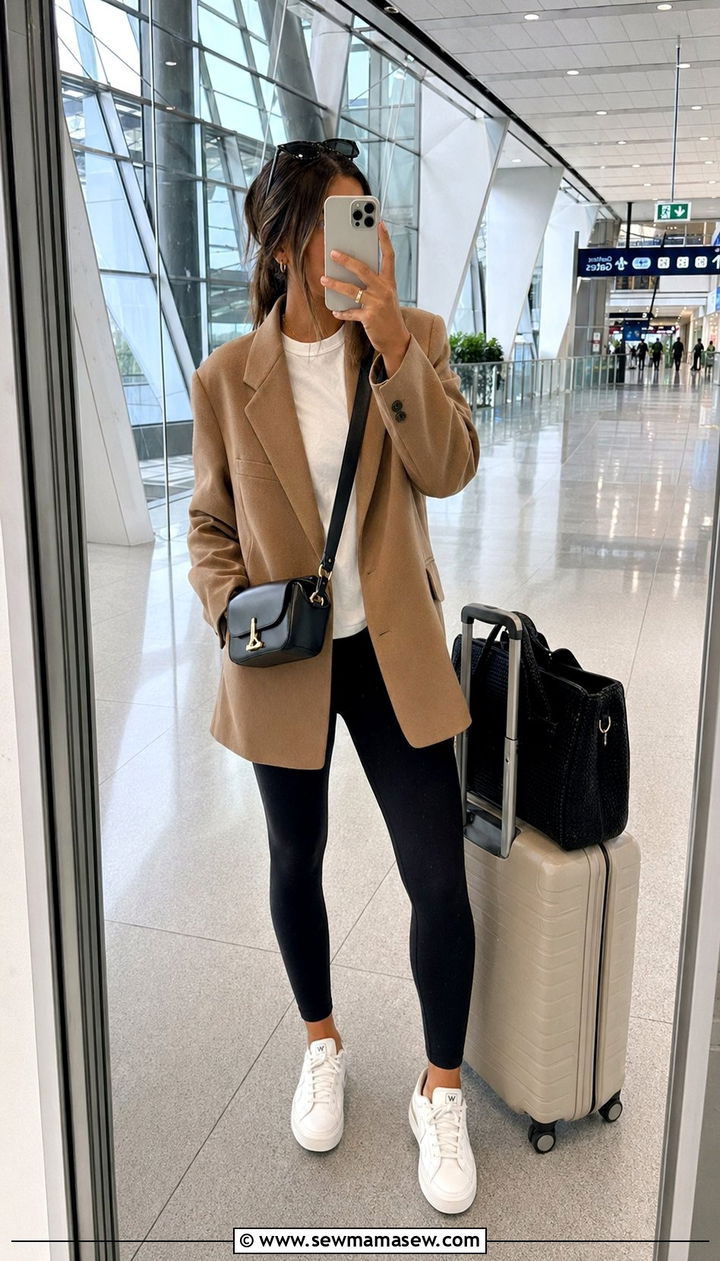 Oversized Blazer Black Leggings Airport Outfit - 30 Airport outfit ideas aesthetic