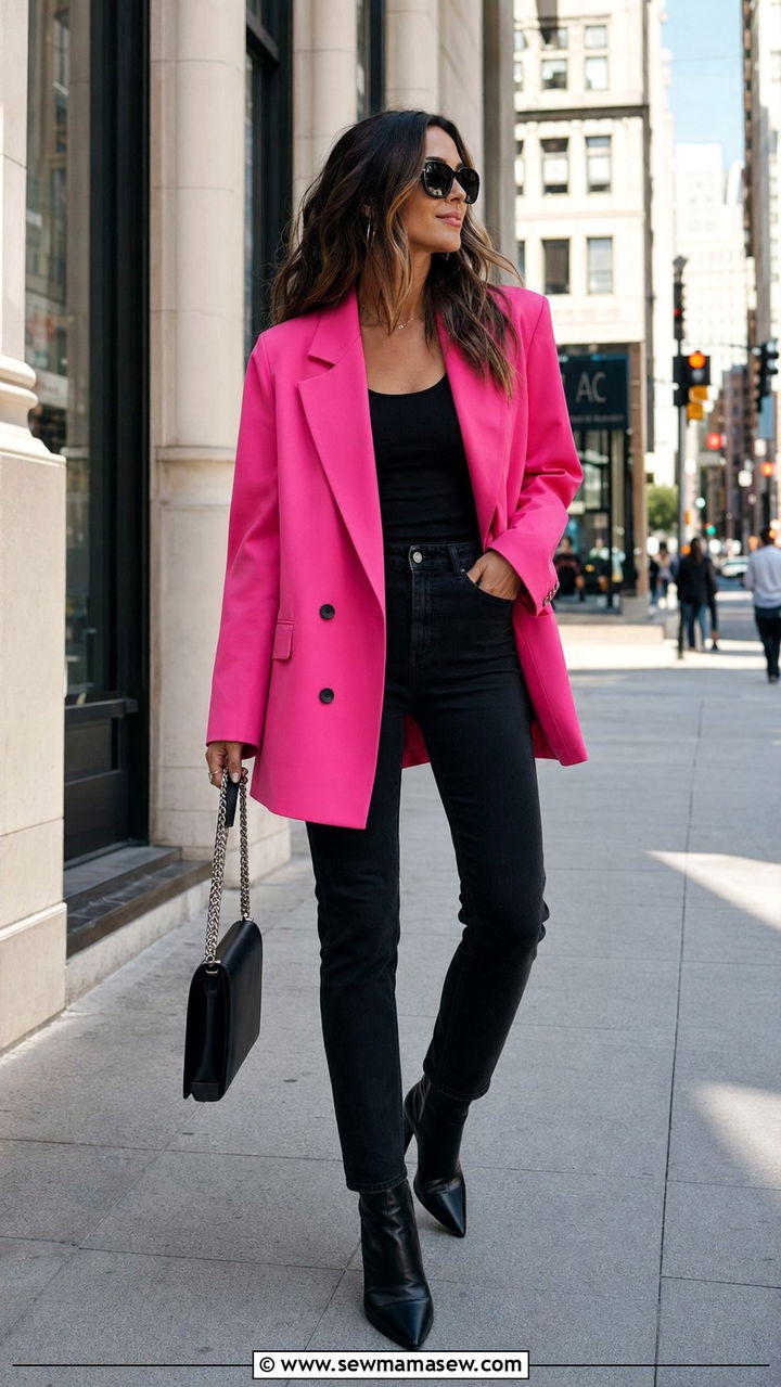 Oversized Blazer In Bold Color Over All Black - 35 oversized blazer outfit ideas for women