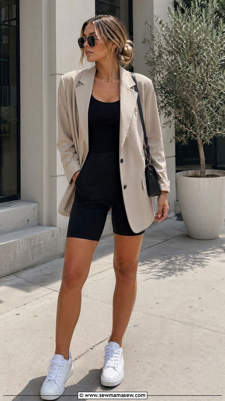Oversized Blazer With Biker Shorts and White Trainers - 35 Clean girl casual outfit ideas
