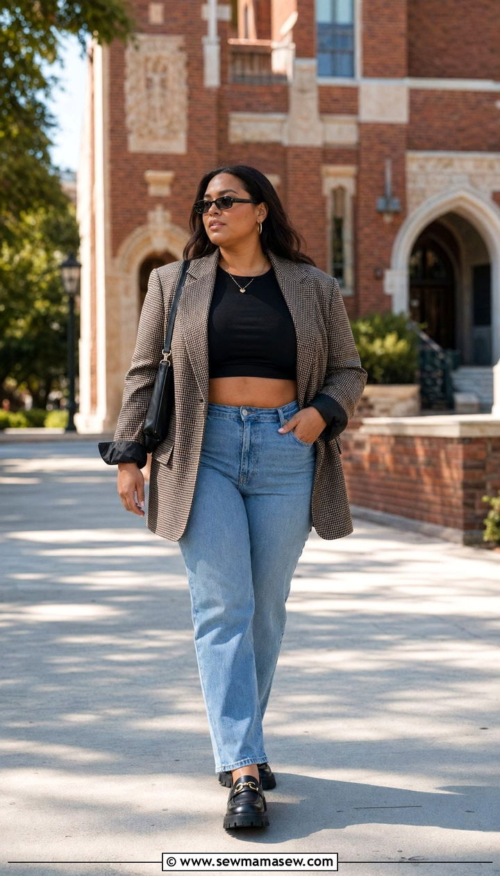 Oversized Blazer With Crop Top And Straight Leg Jeans - 30 Back to school outfit ideas plus size college