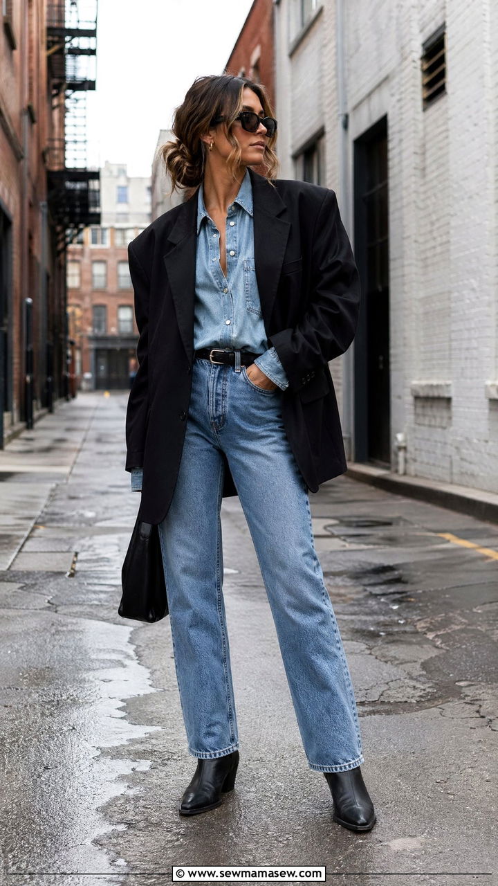 Oversized Blazer With Double Denim - 35 casual oversized blazer outfits