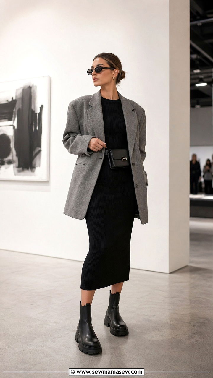 Oversized Blazer With Fitted Midi Dress - 30 spring blazer outfit ideas