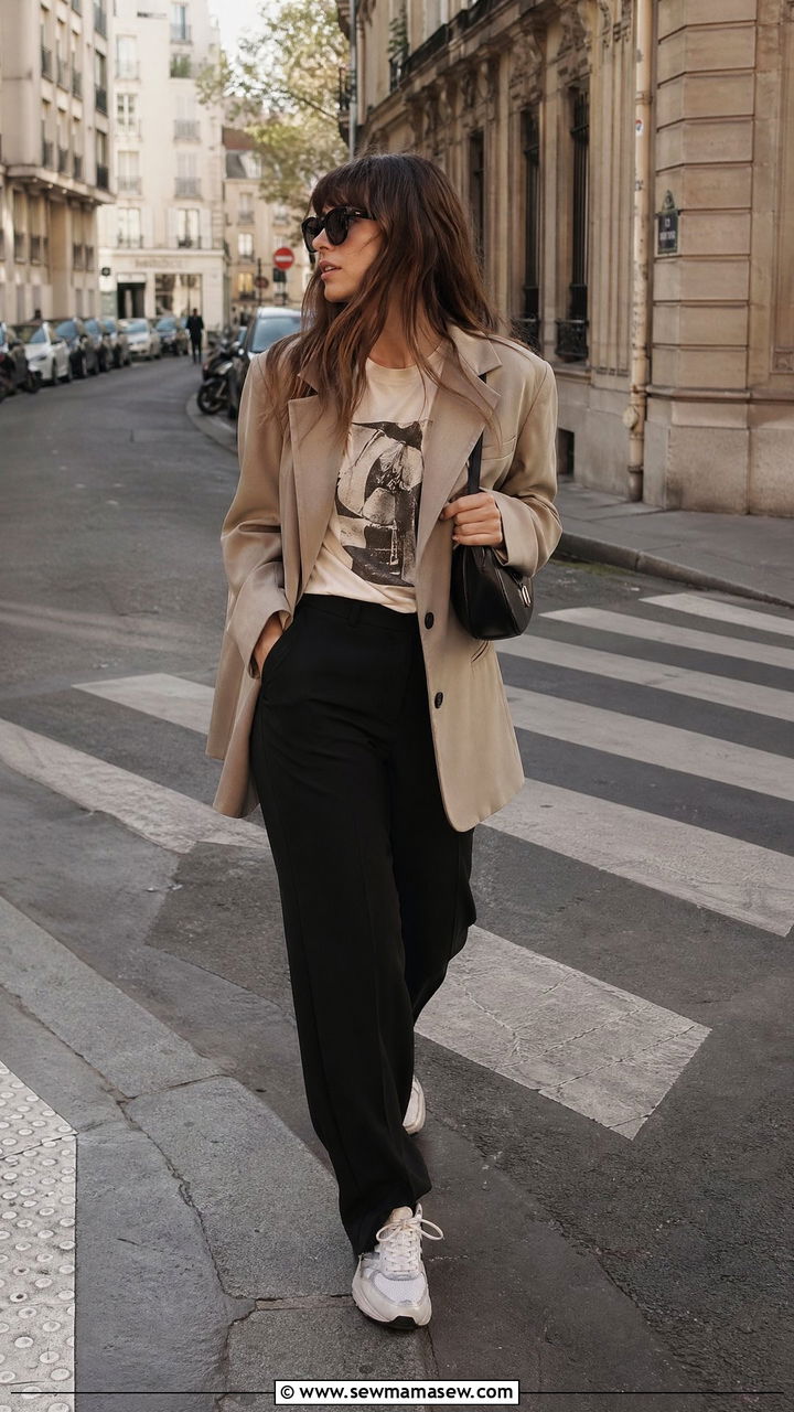 Oversized Blazer With Graphic Tee And Black Trousers - 35 spring parisian outfit ideas