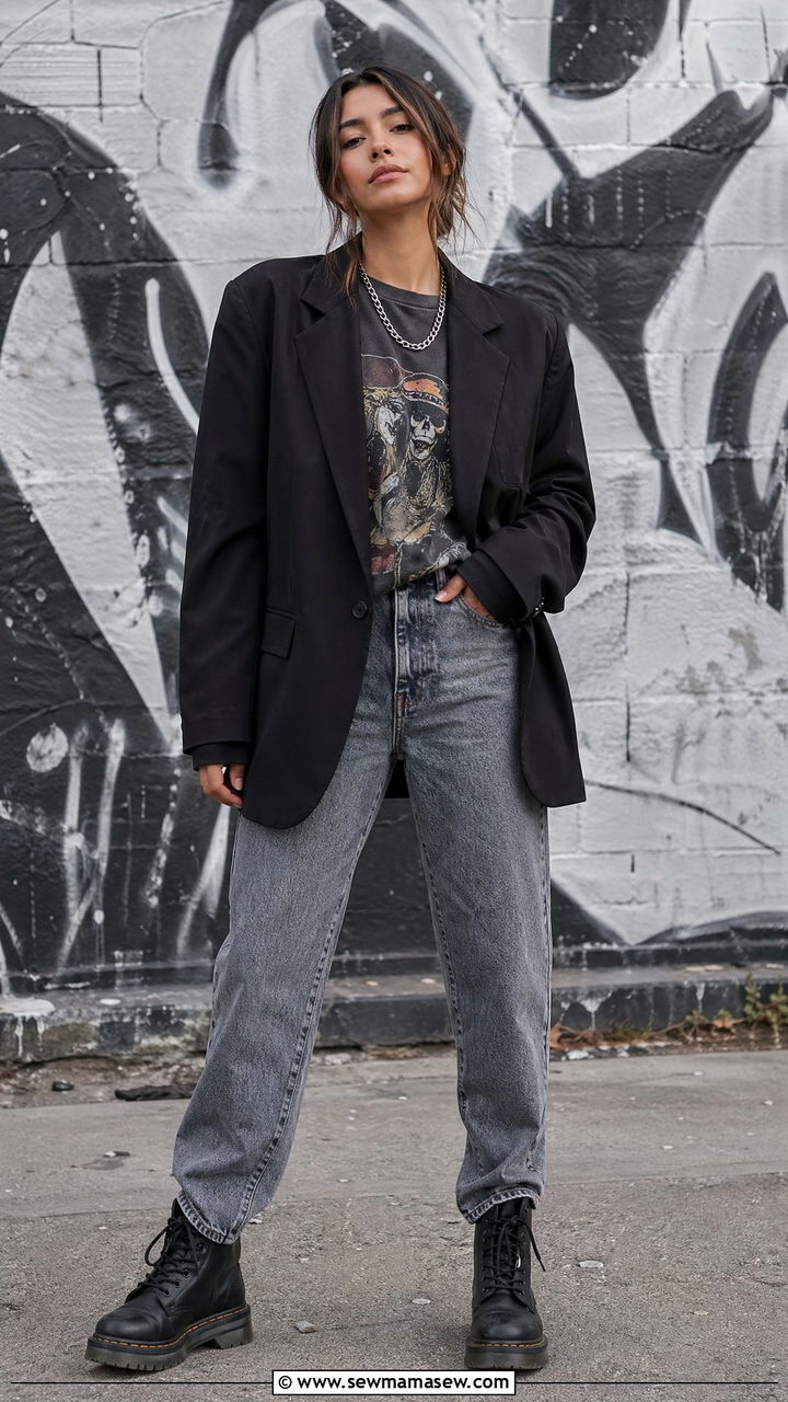 Oversized Blazer With Graphic Tee And Straight Leg Jeans - 35 casual oversized blazer outfits