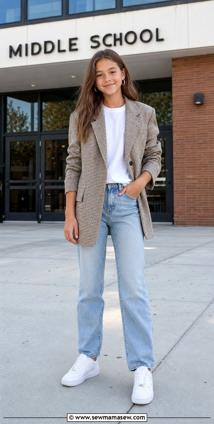 Oversized Blazer With Jeans and White Sneakers - 30 Back to school outfit ideas for tweens 2026