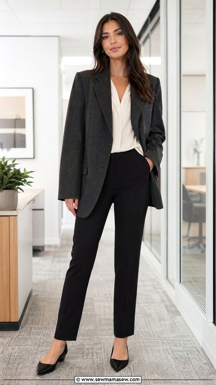 Oversized Blazer With Slim Pants And Cream Blouse - 35 Counselor outfit ideas