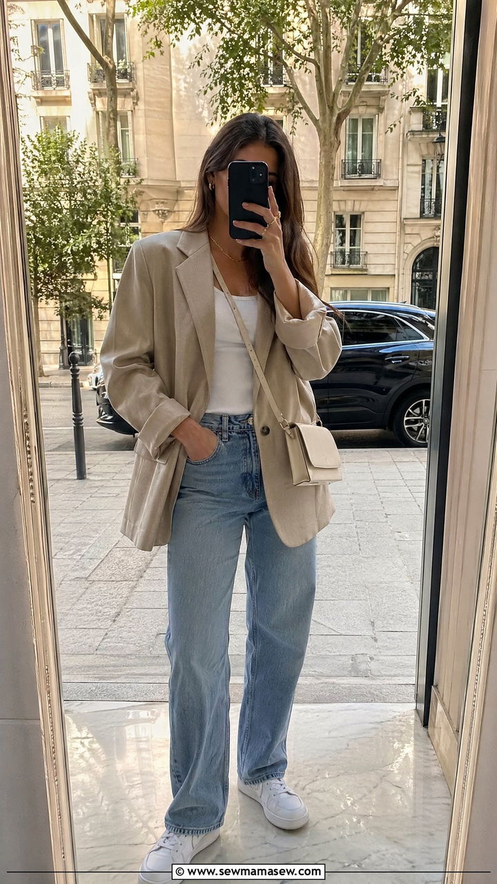 Oversized Blazer With Tank And Straight Leg Jeans Outfit - 35 Sunday brunch outfit ideas