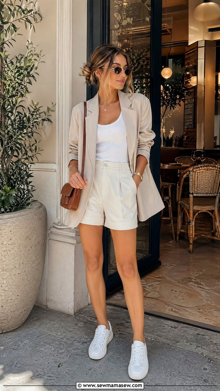 Oversized Blazer With Tank And Tailored Shorts - 35 spring brunch outfit ideas