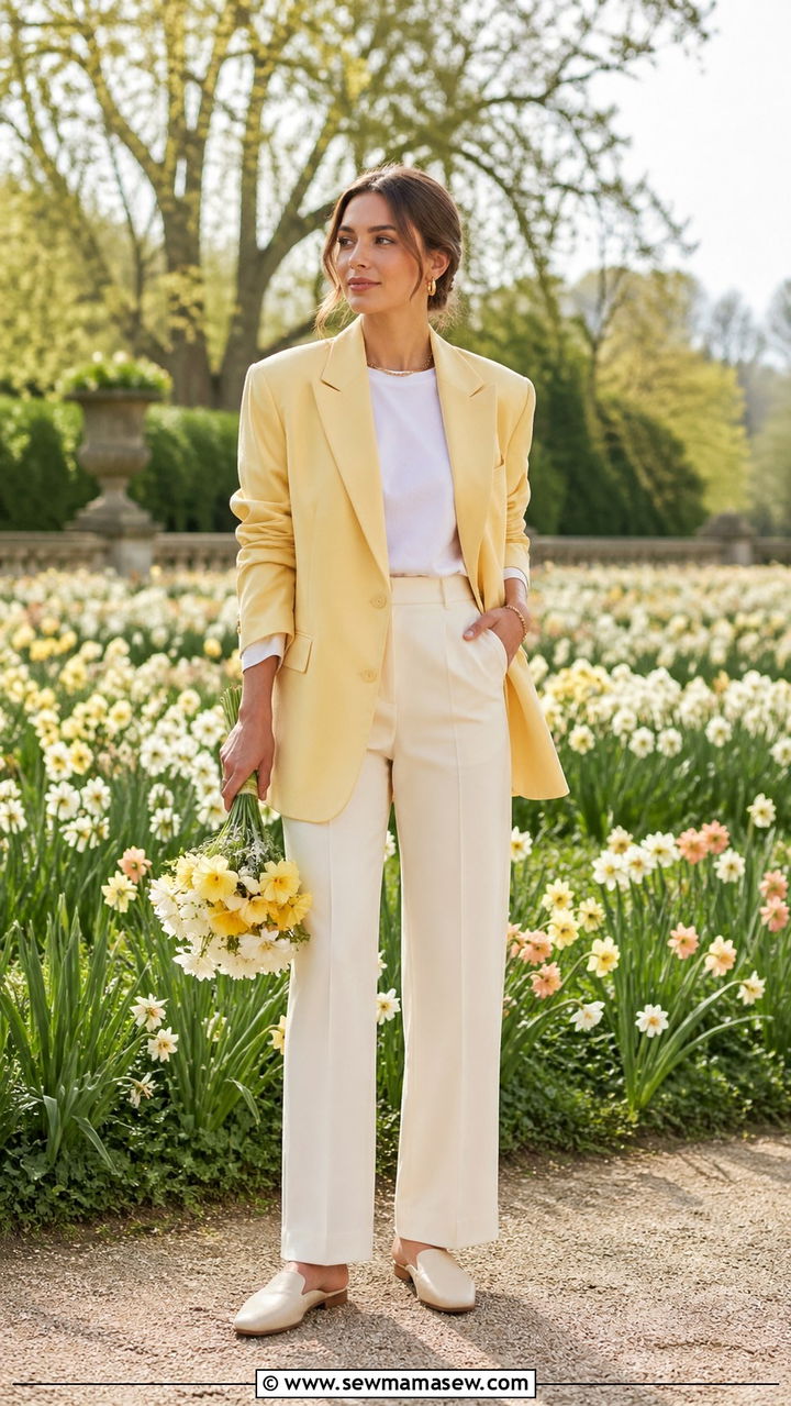 Oversized Blazer With Trousers And White Tee - 30 Spring flower field photoshoot outfits