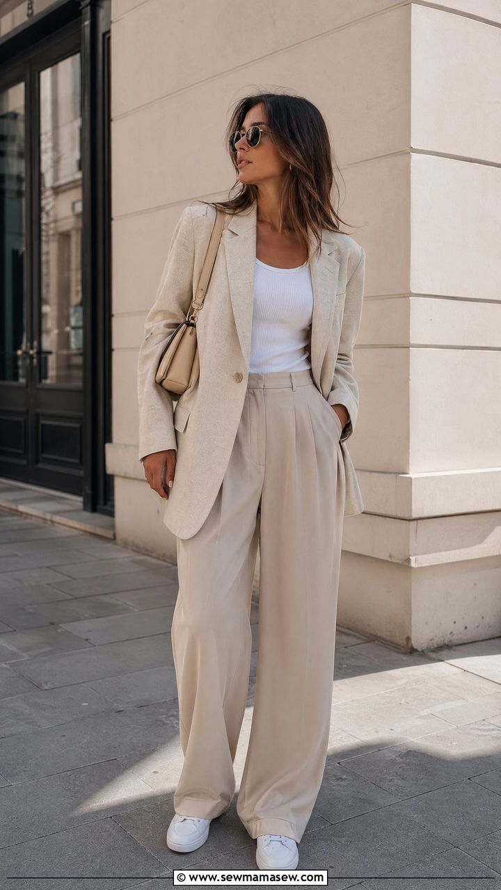 Oversized Blazer With White Tank And Wide Leg Trousers - 35 casual outfits aesthetic