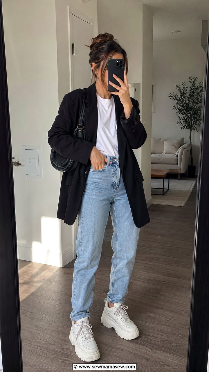 Oversized Blazer With White Tee And Mom Jeans - 35 casual oversized blazer outfits