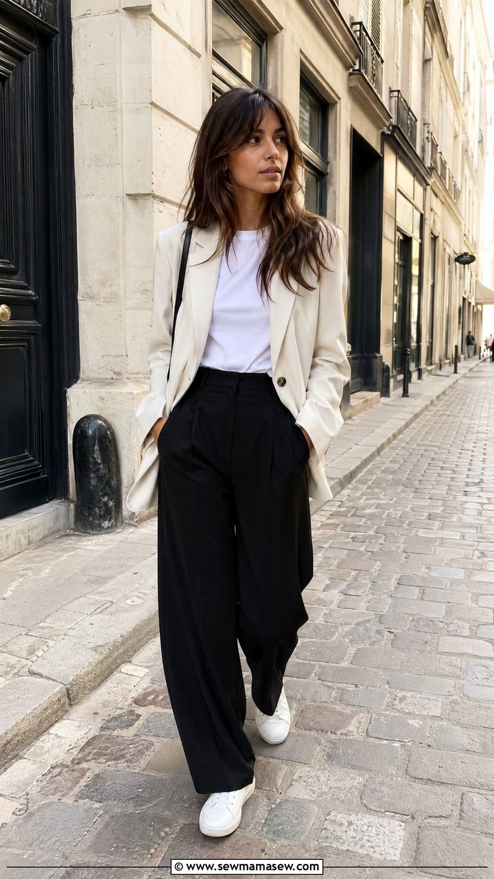 Oversized Blazer With White Tee and Black Trousers - 35 spring french girl outfit ideas