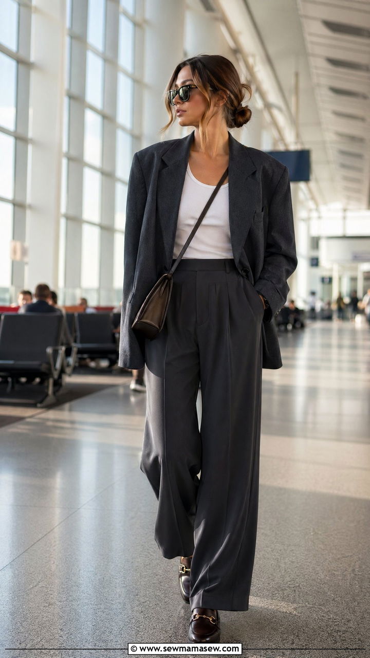 Oversized Blazer With Wide Leg Trousers And Loafers - 40 Airport outfits for women