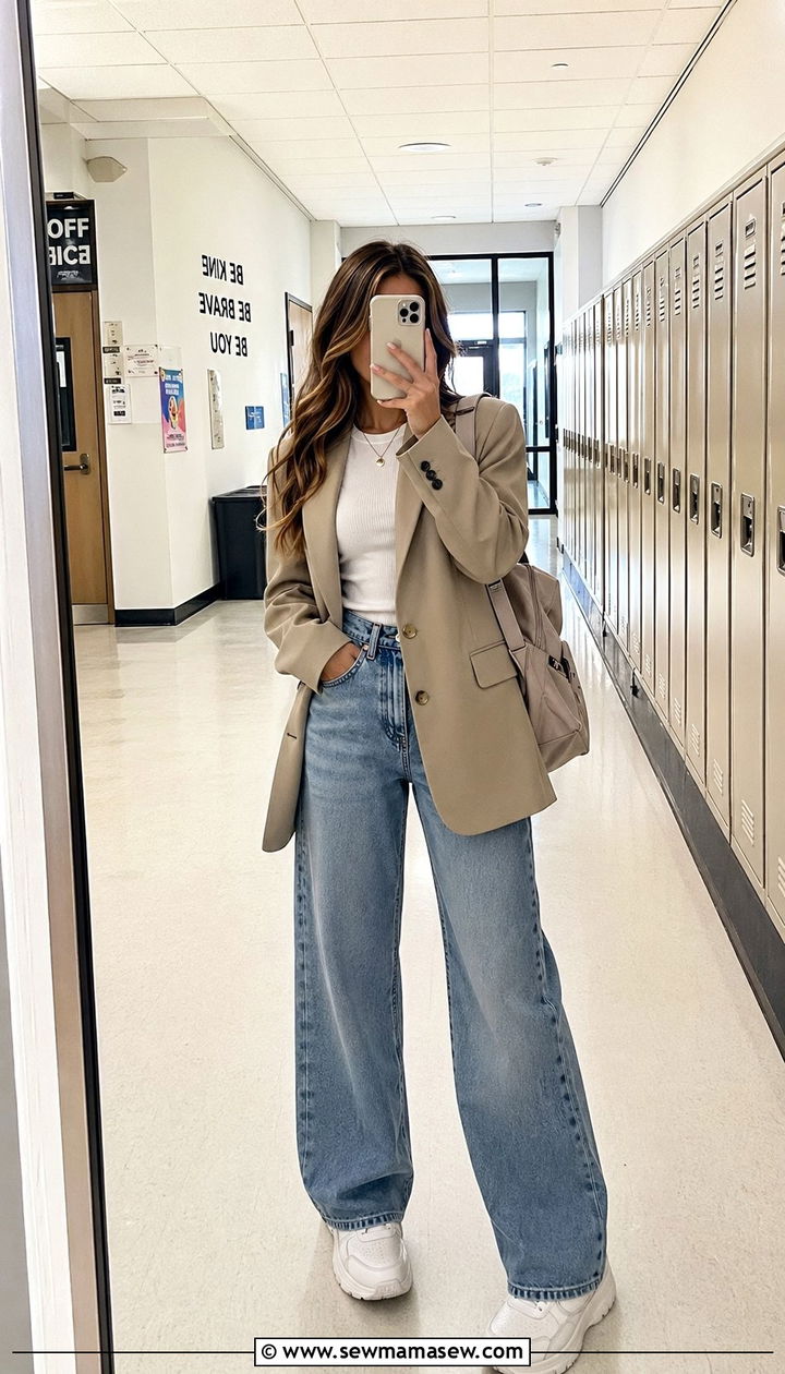 Oversized Blazer and Wide Leg Jeans Back To School Outfit - 30 Back to school outfit ideas high school 2026