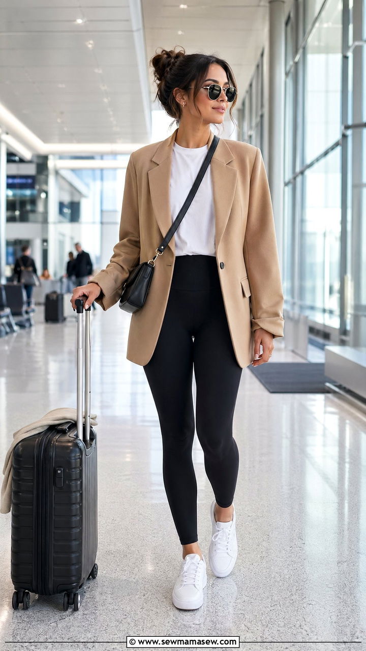 Oversized Blazer with Black Leggings and White Sneakers - 40 airport outfits ideas