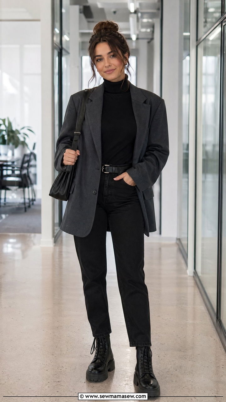 Oversized Blazer with Black Turtleneck and Straight Leg Jeans - 35 cute office outfits