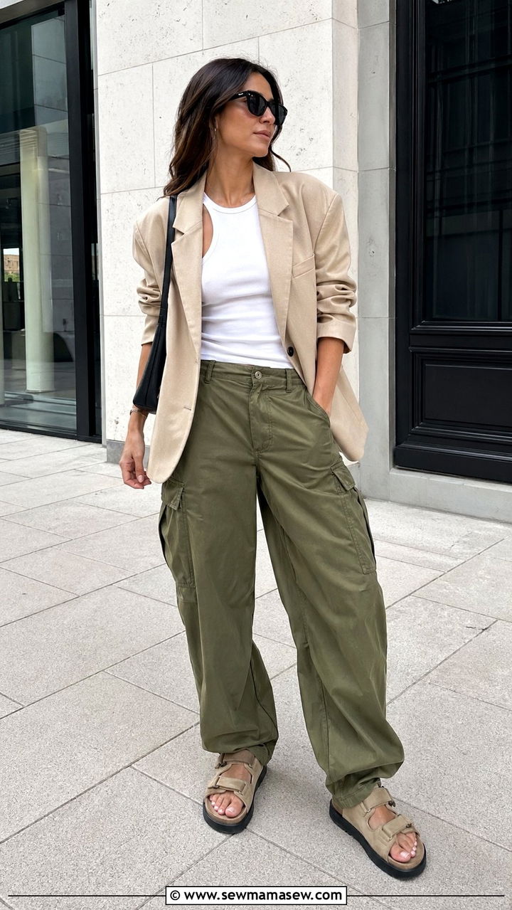 Oversized Blazer with Cargo Pants and Muscle Tank - 30 90s outfit ideas 2026