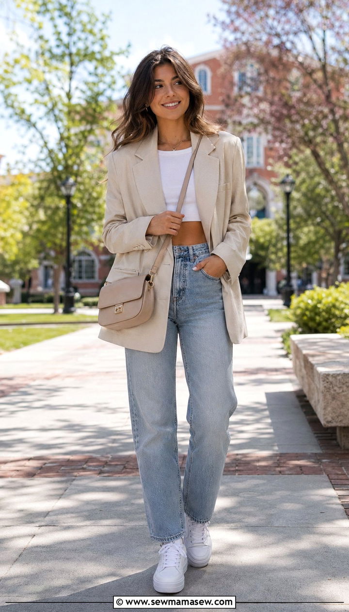 Oversized Blazer with Crop Top and Straight Jeans - 30 Back to school outfit ideas college sophomore