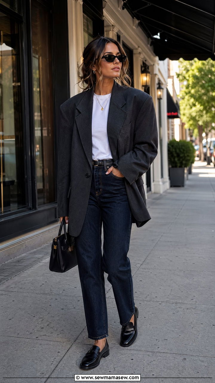 Oversized Blazer with Dark Wash Jeans and Loafers - 35 classy cute outfits