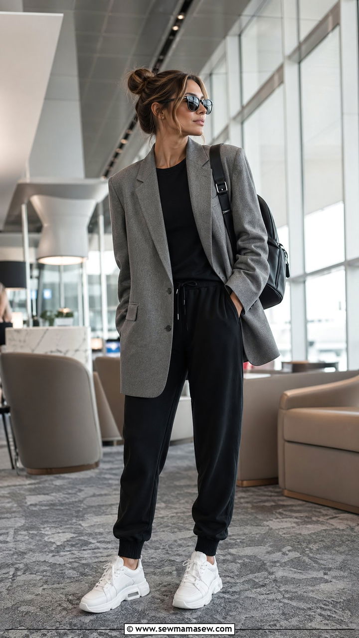 Oversized Blazer with Joggers and Chunky Sneakers - 35 classy travel outfits