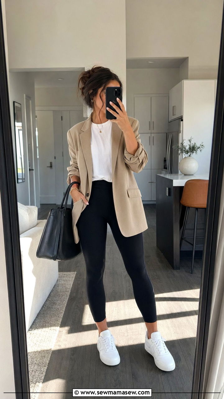 Oversized Blazer with Leggings and Sneakers - 30 60 degree weather outfits