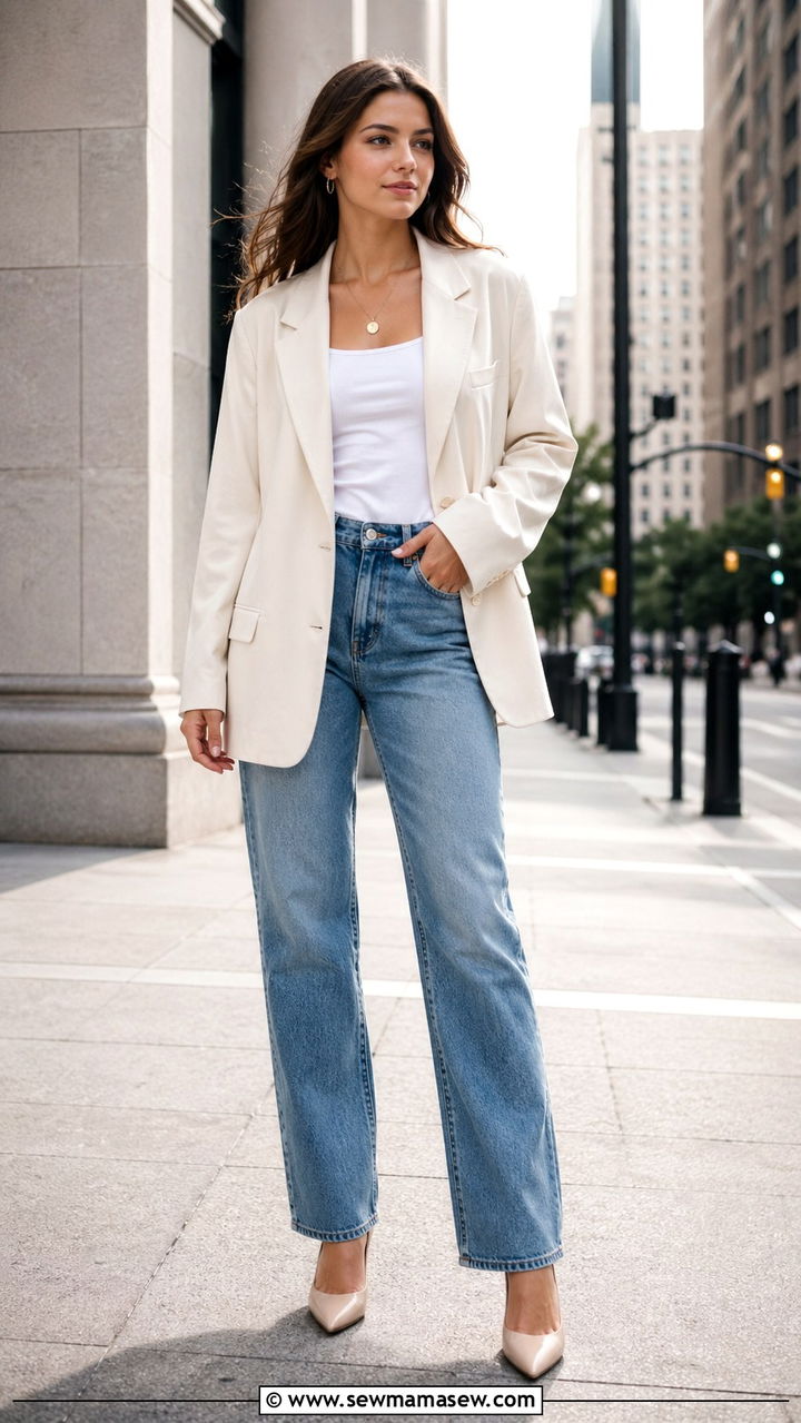 Oversized Blazer with Straight Leg Jeans and Heels - 30 Senior portrait outfit ideas 2026