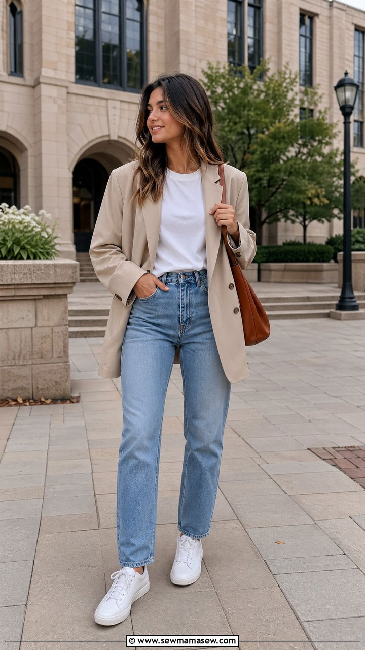 Oversized Blazer with Straight Leg Jeans and White Sneakers - 35 college outfit ideas for women