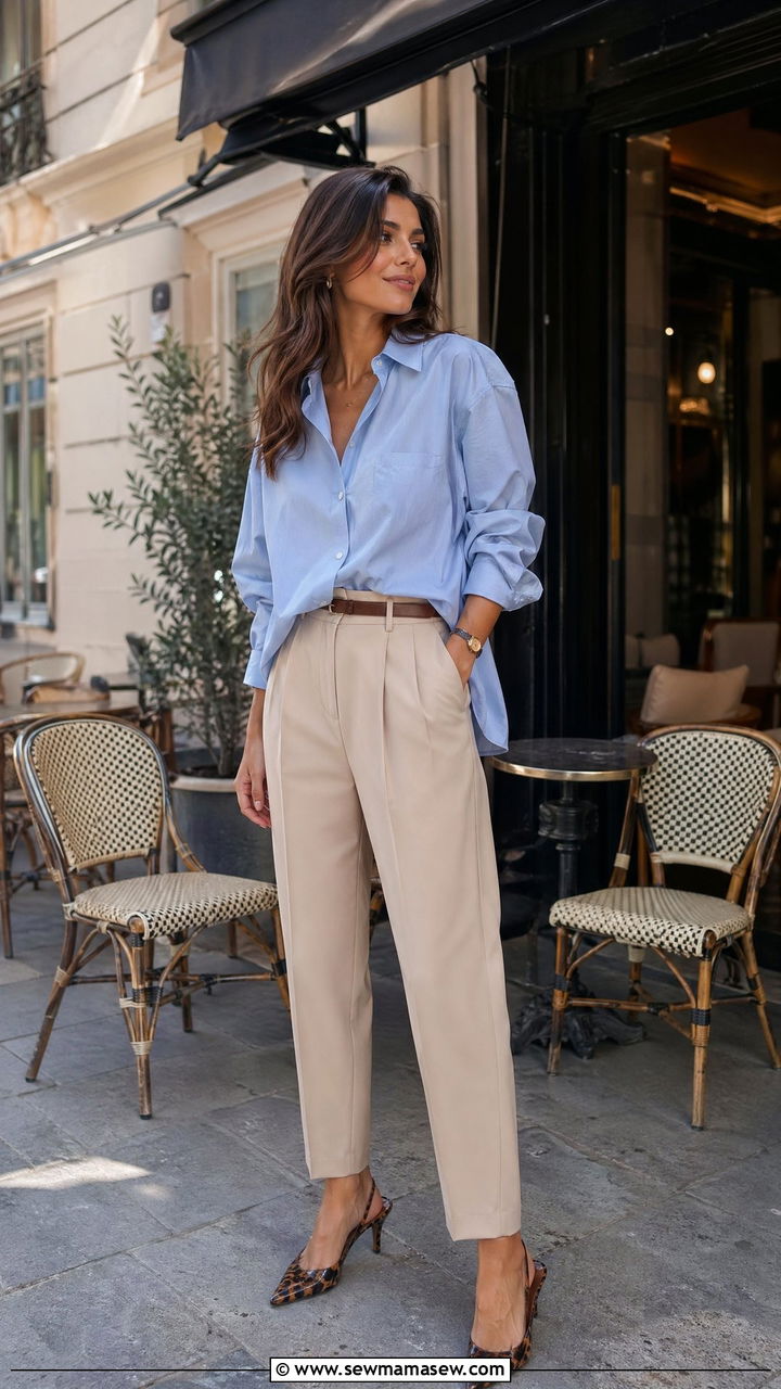 Oversized Blue Button Down Shirt with Beige Suit Pants and Slingbacks - 35 cute office outfits