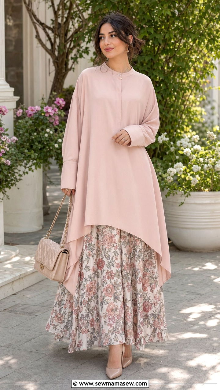 Oversized Blush Tunic and Printed Maxi Skirt Modest Outfit - 35 modest classy outfits aesthetic