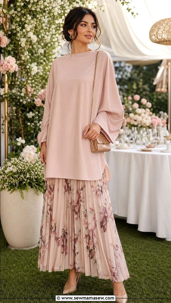 Oversized Blush Tunic and Printed Maxi Skirt - 35 modest classy outfits