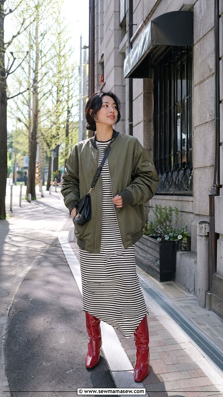 Oversized Bomber Jacket And Striped Maxi Dress Outfit Spring Japan - 35 Spring Japan outfit ideas
