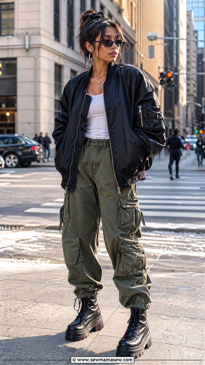 Oversized Bomber Jacket with Cargo Pants and Combat Boots - 35 y2k outfits for women